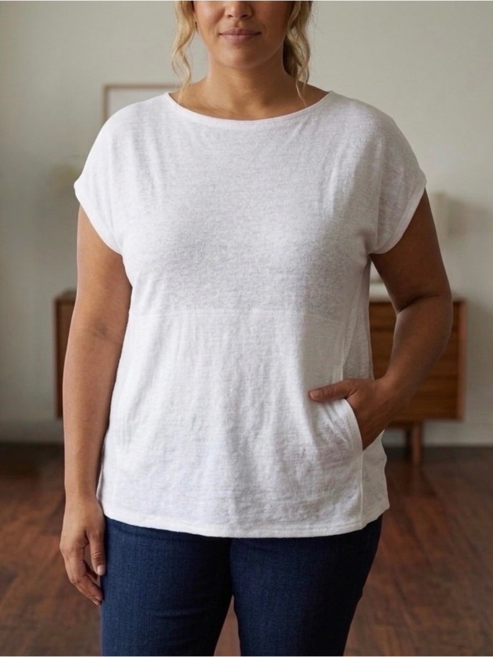 Eileen Fisher Woman 2XL White Organic Linen Tunic Top Pockets Coastal Minimalist